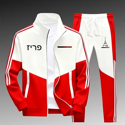סט גברים עם ז'קט צמוד צבעים עם רוכסן ומכנסיים עם חוט משיכה