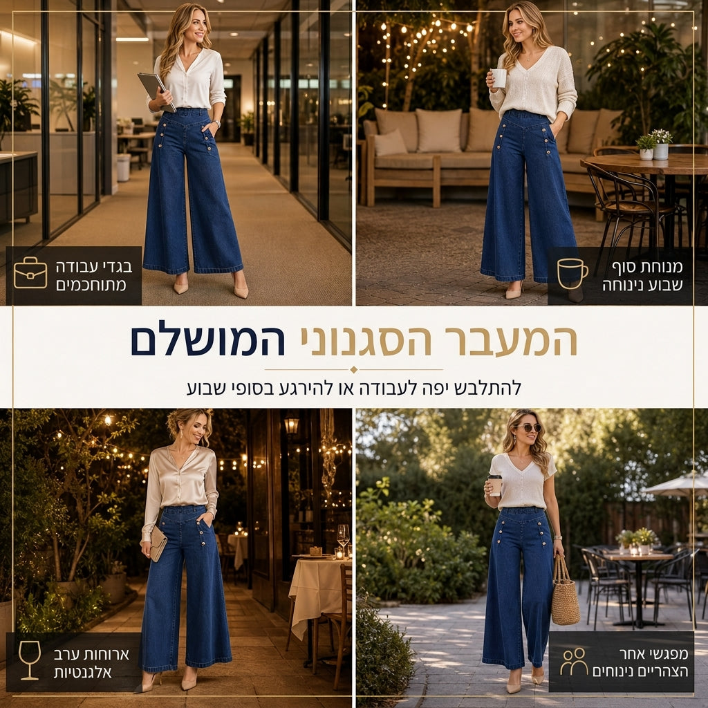 ⏰  מבצע ענק של בלאק פריידי – 50% הנחה!✨ מכנסי ג'ינס בעלי מותן גבוה, רגליים רחבות ונמתחות, מעוטרים בכפתורי נוי