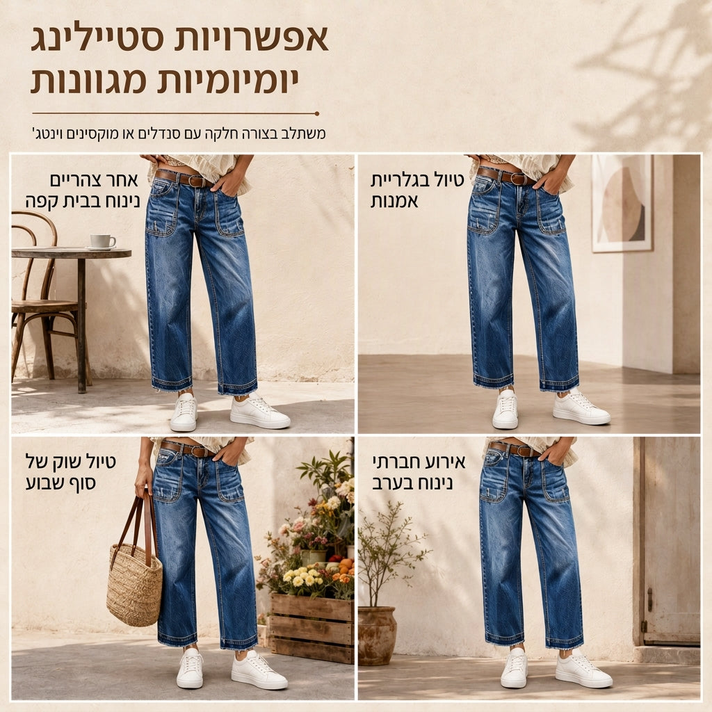 ג'ינס סטרט ליג וינטג' נמתח לנשים עם כיסי טלאים מרופדים ושוליים מרופטים חשופים