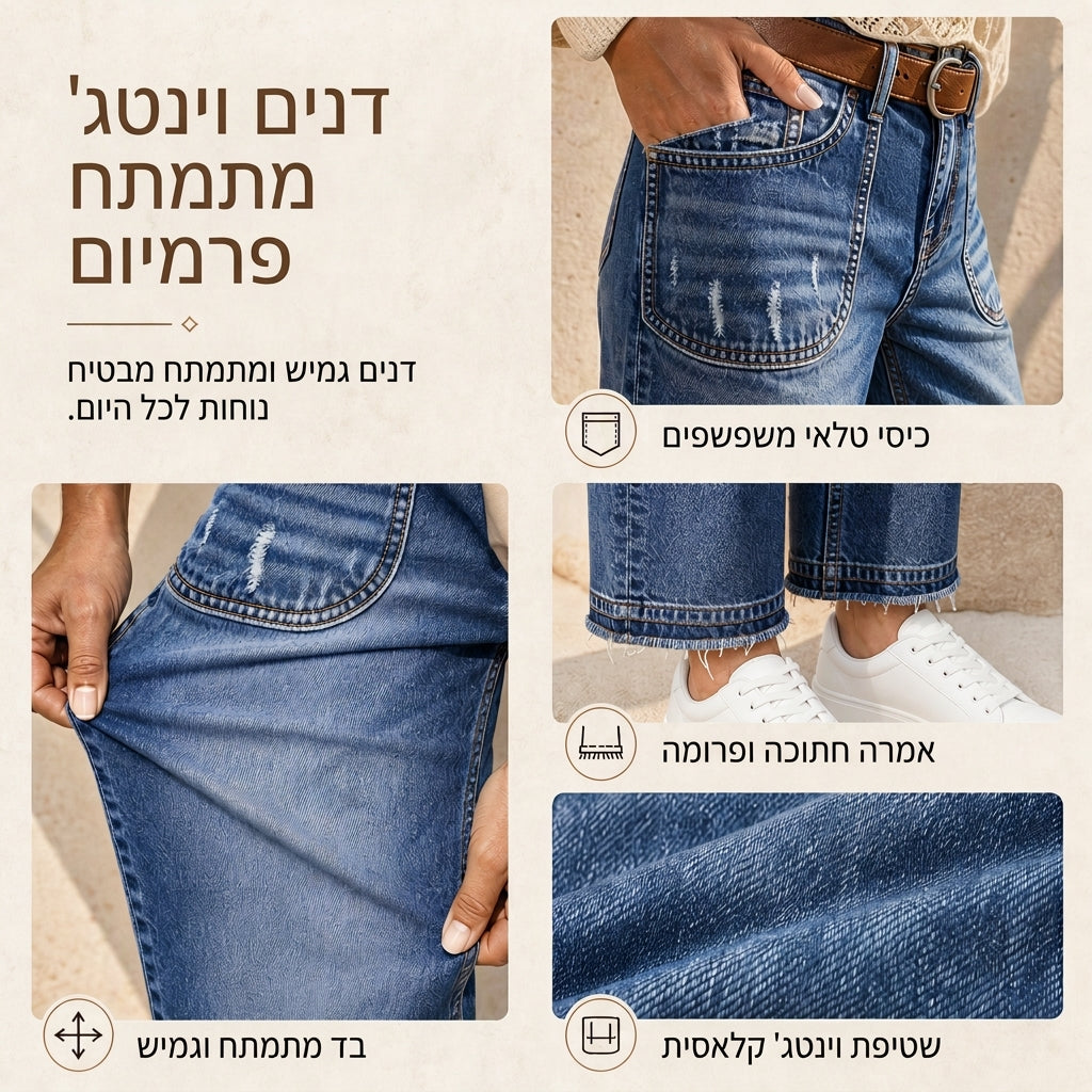 ג'ינס סטרט ליג וינטג' נמתח לנשים עם כיסי טלאים מרופדים ושוליים מרופטים חשופים