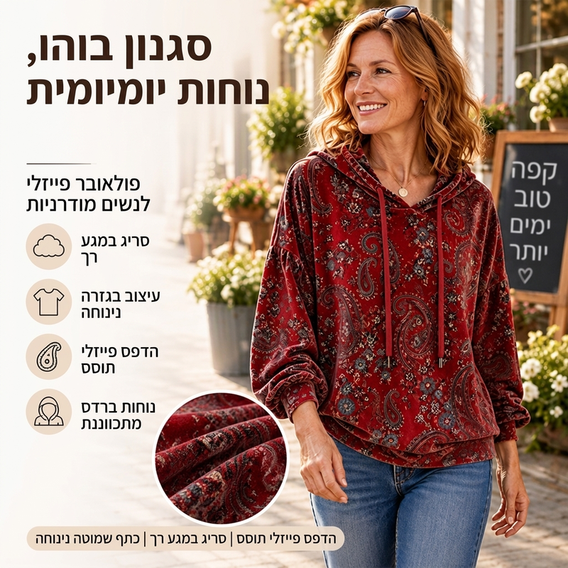סווטשירט עם כובע בטנת שרוכים לנשים בהדפס פייסלי