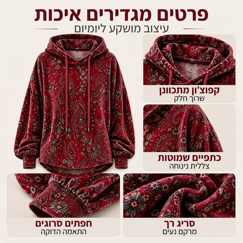 סווטשירט עם כובע בטנת שרוכים לנשים בהדפס פייסלי