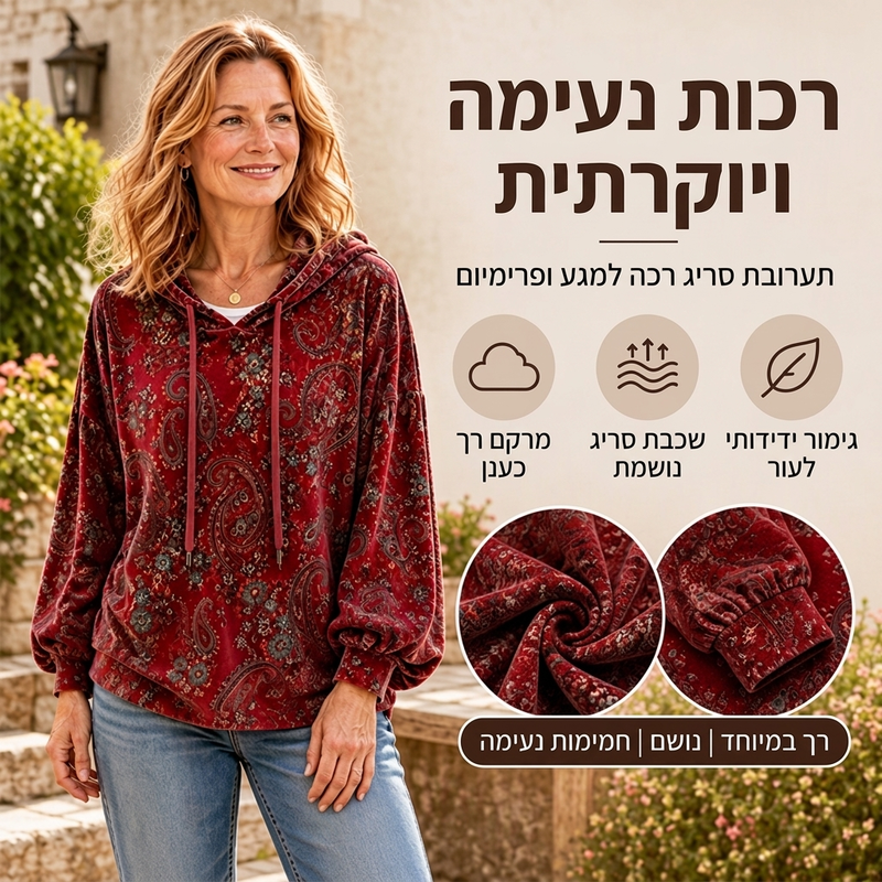 סווטשירט עם כובע בטנת שרוכים לנשים בהדפס פייסלי
