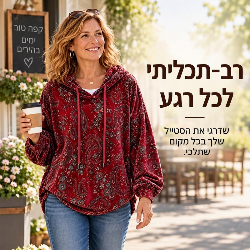 סווטשירט עם כובע בטנת שרוכים לנשים בהדפס פייסלי