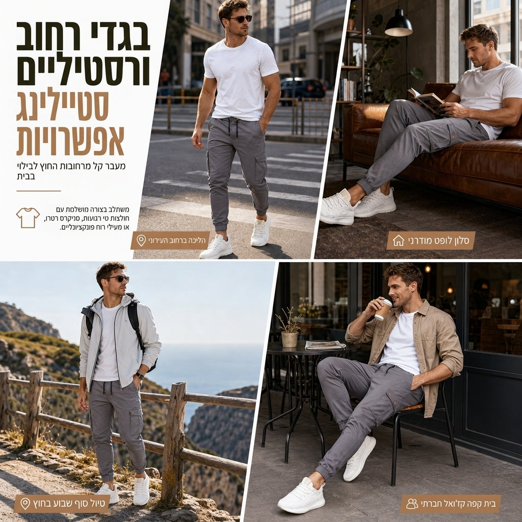 מכנסי ג'וגר קרגו קז'ואל לגבר בצבע אחיד
