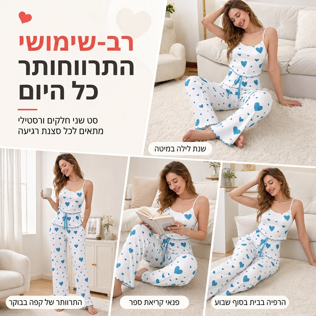 סט פיג'מה דו-חלקי לנשים עם הדפסי לב, חולצת גופייה ומכנסיים ארוכים ללבישה בבית