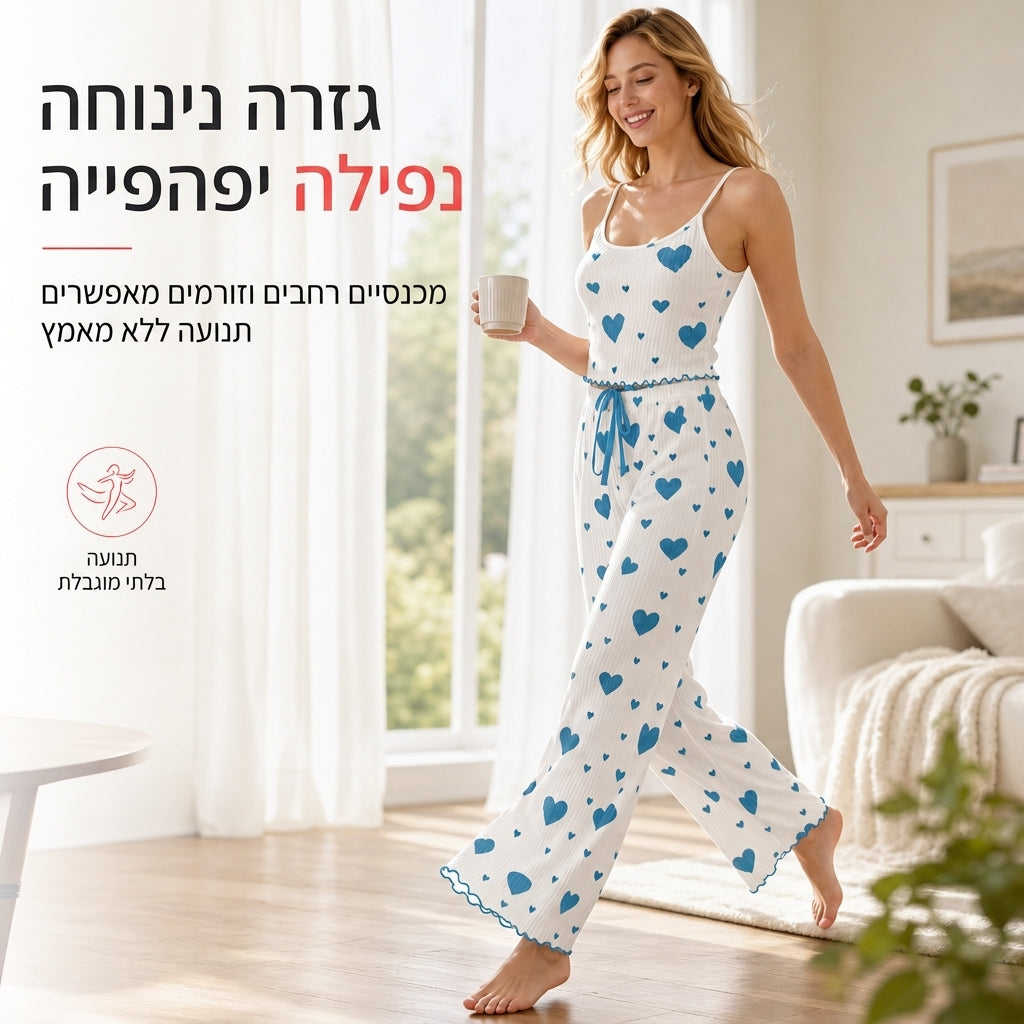 סט פיג'מה דו-חלקי לנשים עם הדפסי לב, חולצת גופייה ומכנסיים ארוכים ללבישה בבית