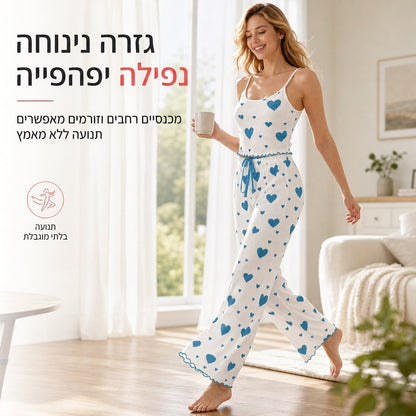 סט פיג'מה דו-חלקי לנשים עם הדפסי לב, חולצת גופייה ומכנסיים ארוכים ללבישה בבית