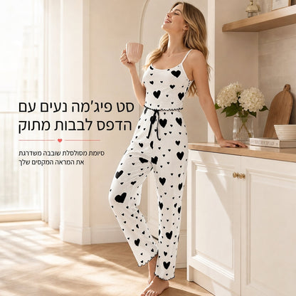 סט פיג'מה דו-חלקי לנשים עם הדפסי לב, חולצת גופייה ומכנסיים ארוכים ללבישה בבית
