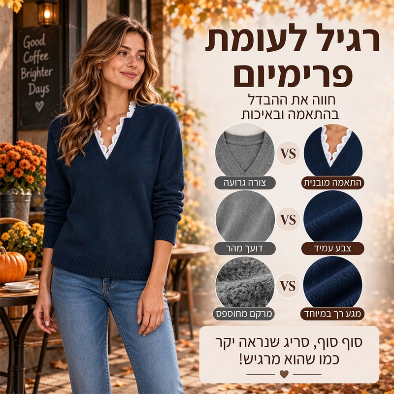 סוודר סרוג לנשים עם צווארון גבוה ומקצעות תחרה