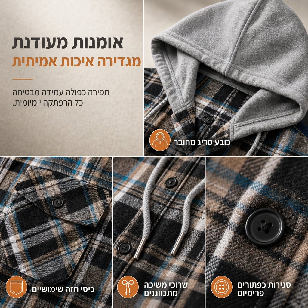 סווטשירט גברים עם מכסה המנוע ופתיחת רוכסן בדוגמת פלאד, התאמה רופפת, סגנון אמריקאי, בטבע מצופה