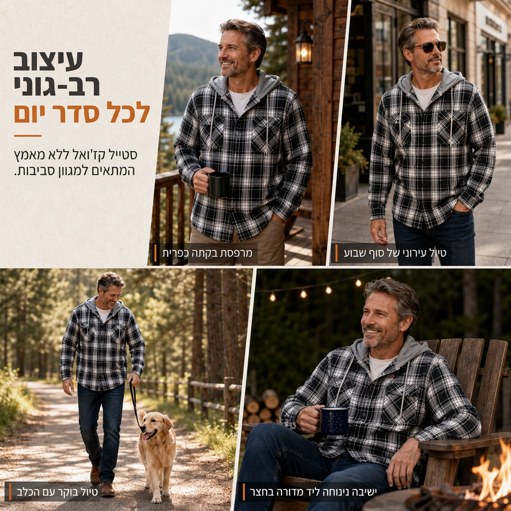 סווטשירט גברים עם מכסה המנוע ופתיחת רוכסן בדוגמת פלאד, התאמה רופפת, סגנון אמריקאי, בטבע מצופה
