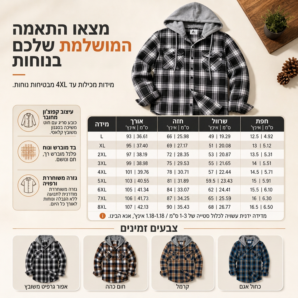 סווטשירט גברים עם מכסה המנוע ופתיחת רוכסן בדוגמת פלאד, התאמה רופפת, סגנון אמריקאי, בטבע מצופה