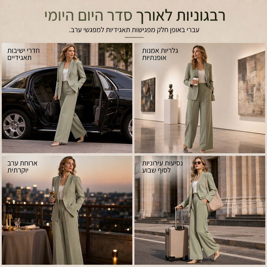 סט אלגנטי של שני פריטים עם מעיל מעוצב ומכנסיים רחבים ונינוחים