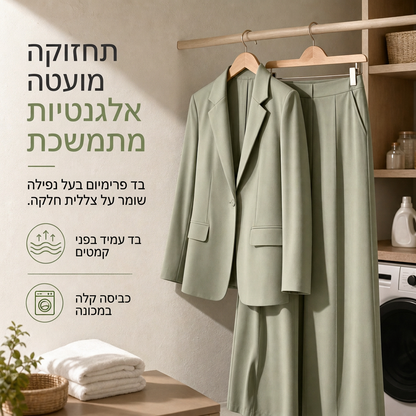 סט אלגנטי של שני פריטים עם מעיל מעוצב ומכנסיים רחבים ונינוחים