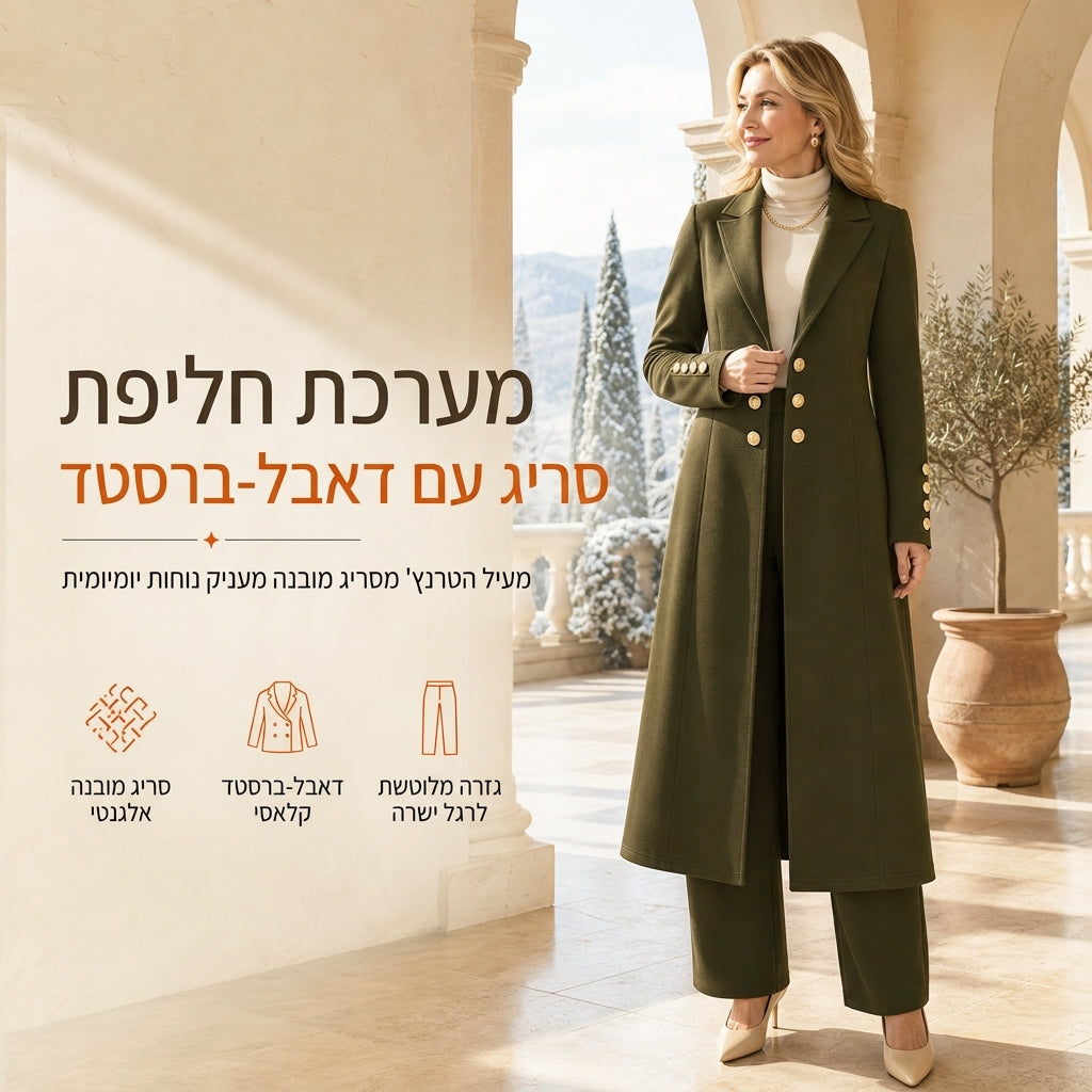 💖סט שני פריטים אלגנטי לנשים לסתיו, עם מעיל רטרו ארוך שרוולים ומכנסיים פשוטים