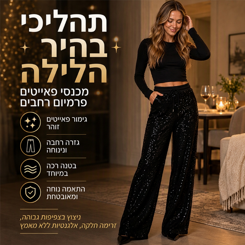 מכנסיים רחבי רגל מנצנצים עם פאייטים לנשים