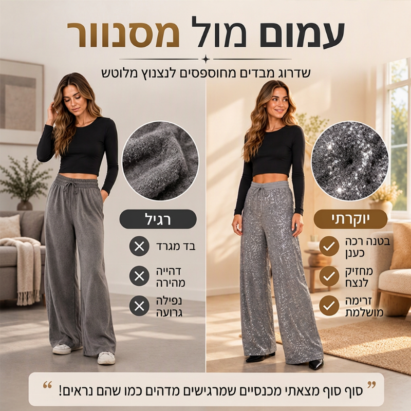 מכנסיים רחבי רגל מנצנצים עם פאייטים לנשים