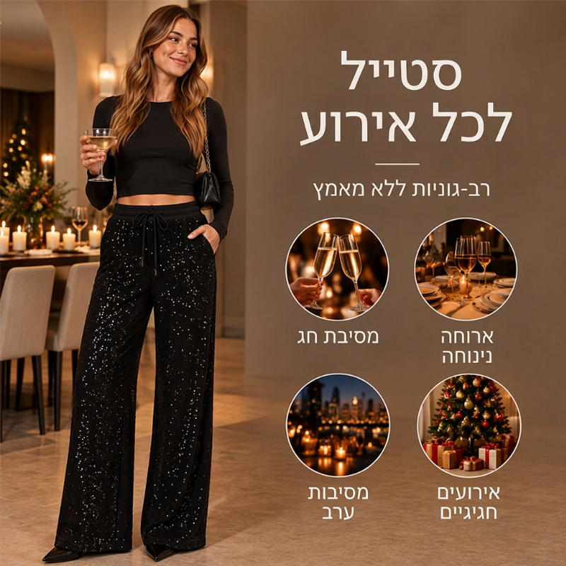 מכנסיים רחבי רגל מנצנצים עם פאייטים לנשים