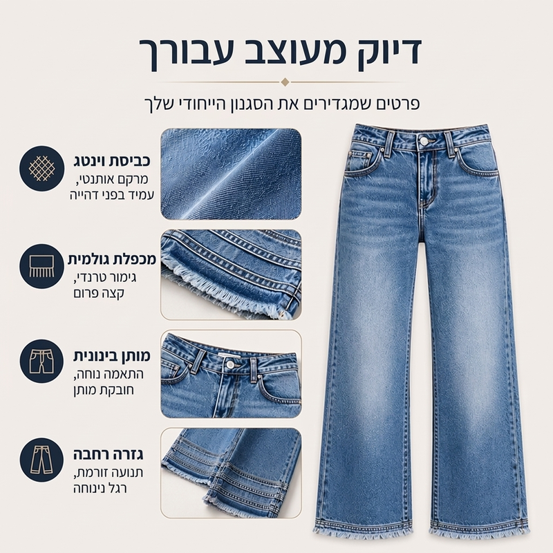 ג'ינס וינטג' רחב לנשים עם קצה לא גמור