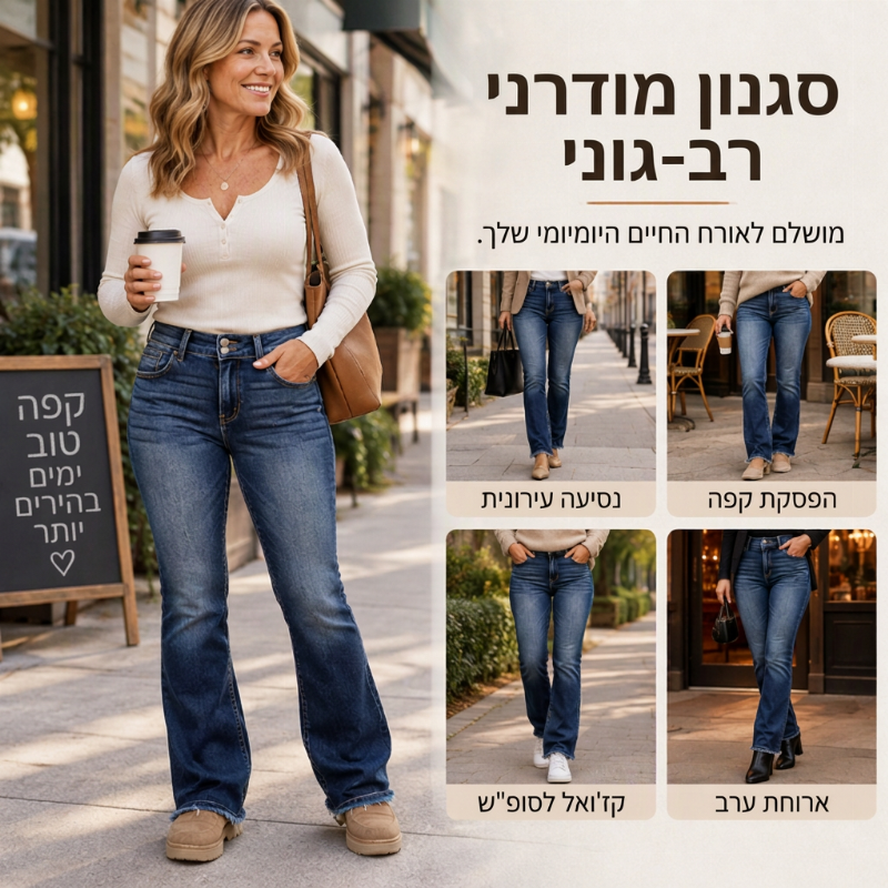 ג'ינס בוטקאט לנשים עם כפתור כפול ומותן גבוה