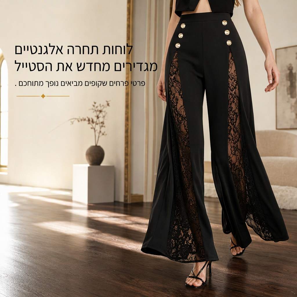 מכנסיים רחבים לנשים עם גובה גבוה, תחרה משולבת וכפתורי זהב דקורטיביים