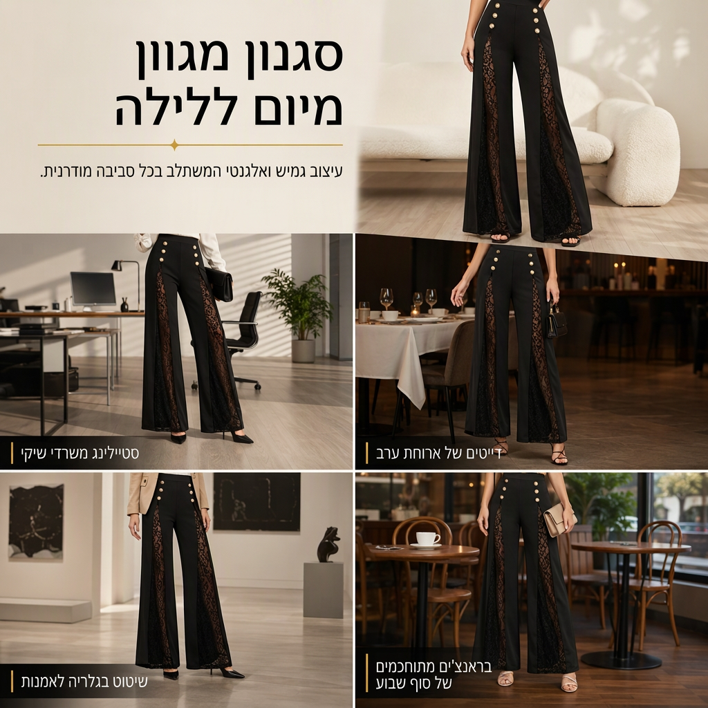 מכנסיים רחבים לנשים עם גובה גבוה, תחרה משולבת וכפתורי זהב דקורטיביים