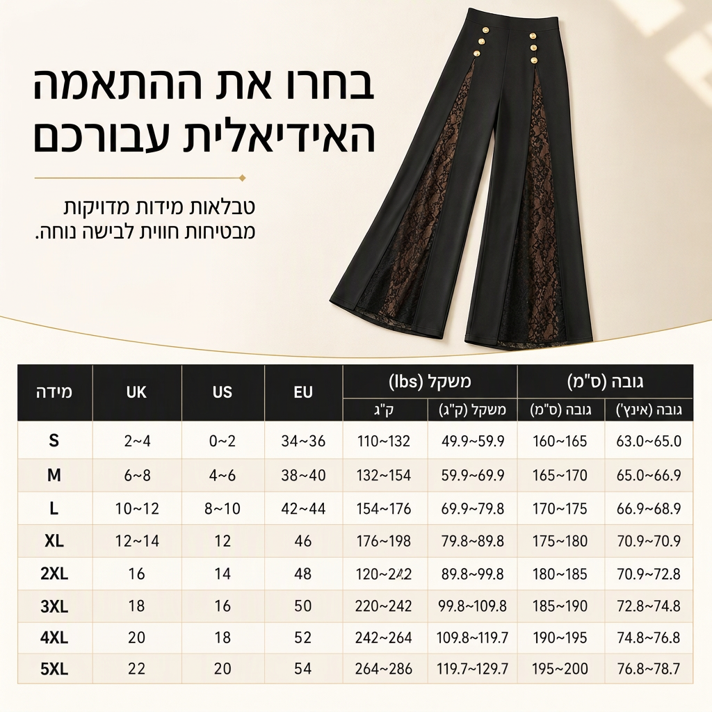 מכנסיים רחבים לנשים עם גובה גבוה, תחרה משולבת וכפתורי זהב דקורטיביים