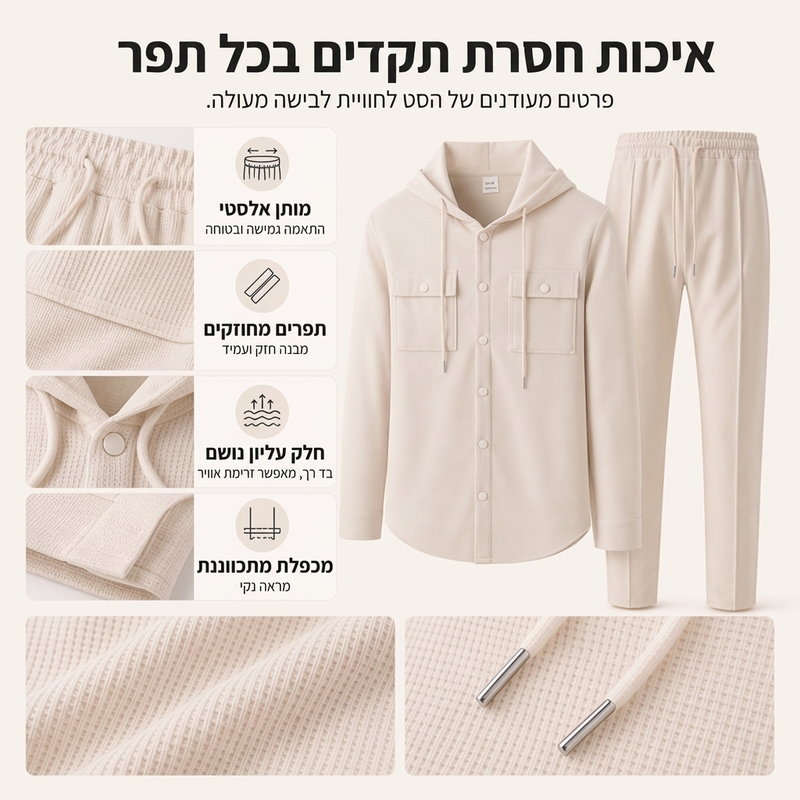 סט מעיל ותחתונים מזדמנים לגבר עם ברדס ובד וופל
