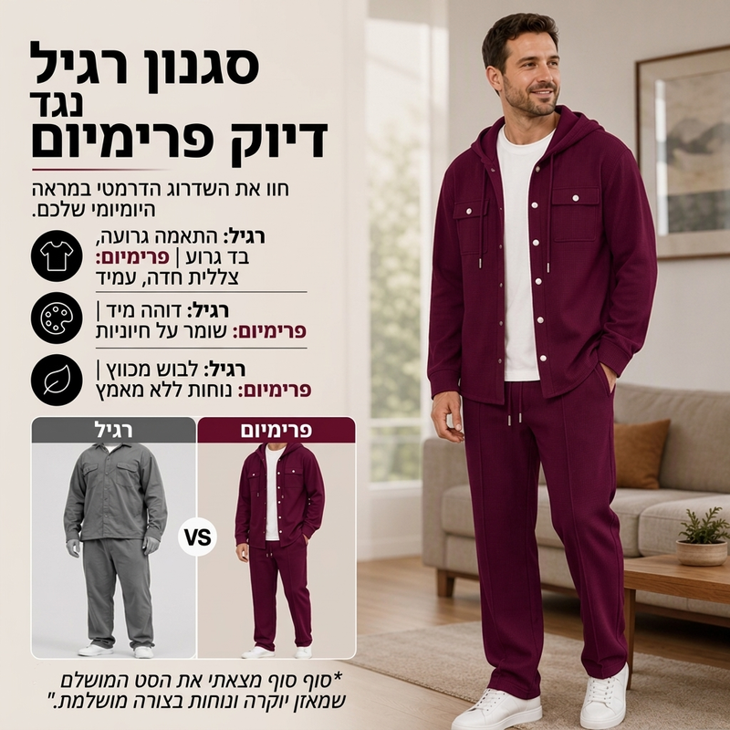 סט מעיל ותחתונים מזדמנים לגבר עם ברדס ובד וופל