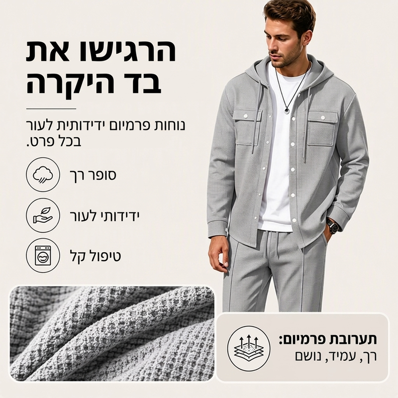 סט מעיל ותחתונים מזדמנים לגבר עם ברדס ובד וופל