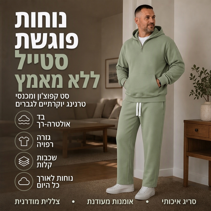 סט גברים קז'ואלי עם סווטשרט קפוצ'ון חצי רוכסן ומכנסיים רחבי רגל