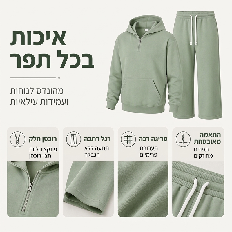 סט גברים קז'ואלי עם סווטשרט קפוצ'ון חצי רוכסן ומכנסיים רחבי רגל