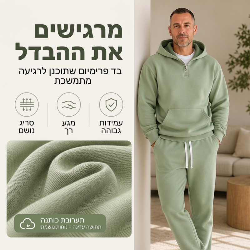 סט גברים קז'ואלי עם סווטשרט קפוצ'ון חצי רוכסן ומכנסיים רחבי רגל
