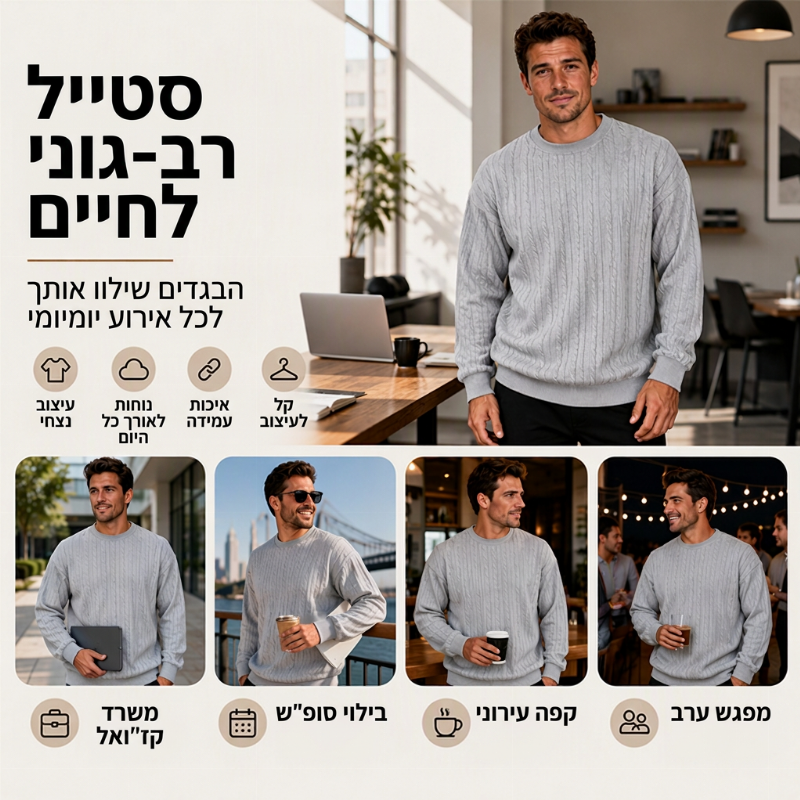 סווטשירט עם צווארון עגול לסריגת חוט לגברים
