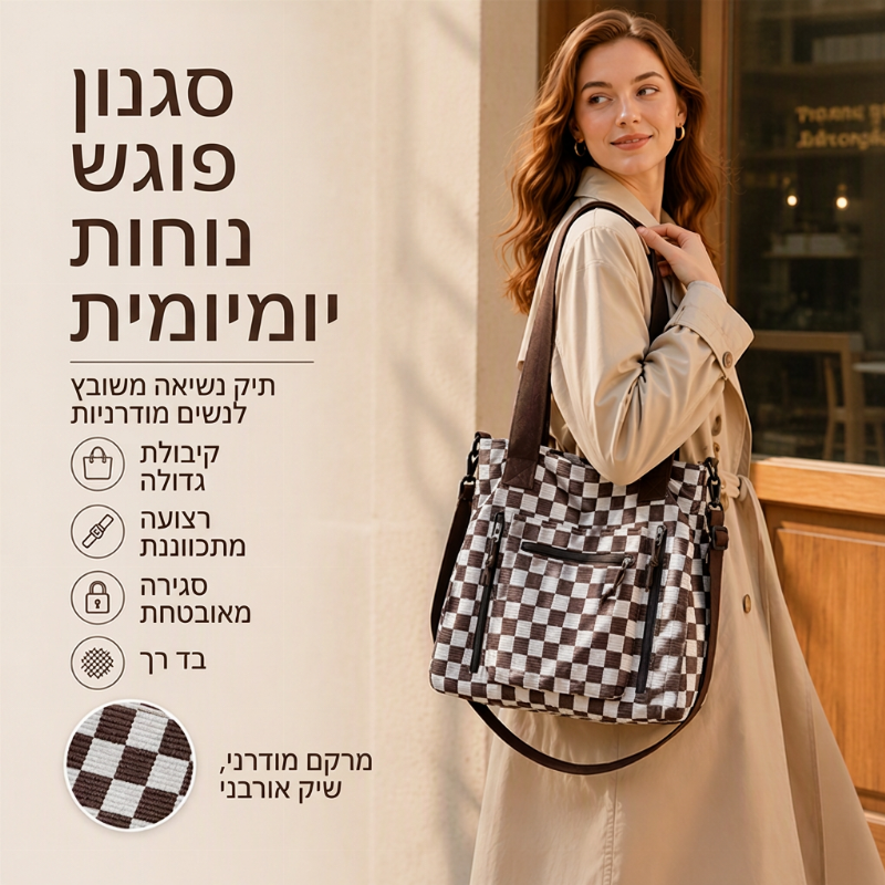 תיק טול מזדמן עם קיבולת גדולה ודוגמת לוח משובצות
