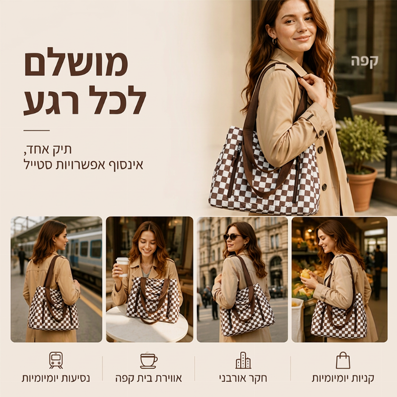 תיק טול מזדמן עם קיבולת גדולה ודוגמת לוח משובצות