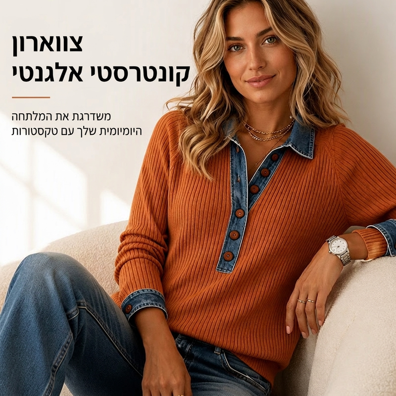 חולצת סוודר ארוכת שרוולים עם צווארון דנים לתפרית נשים