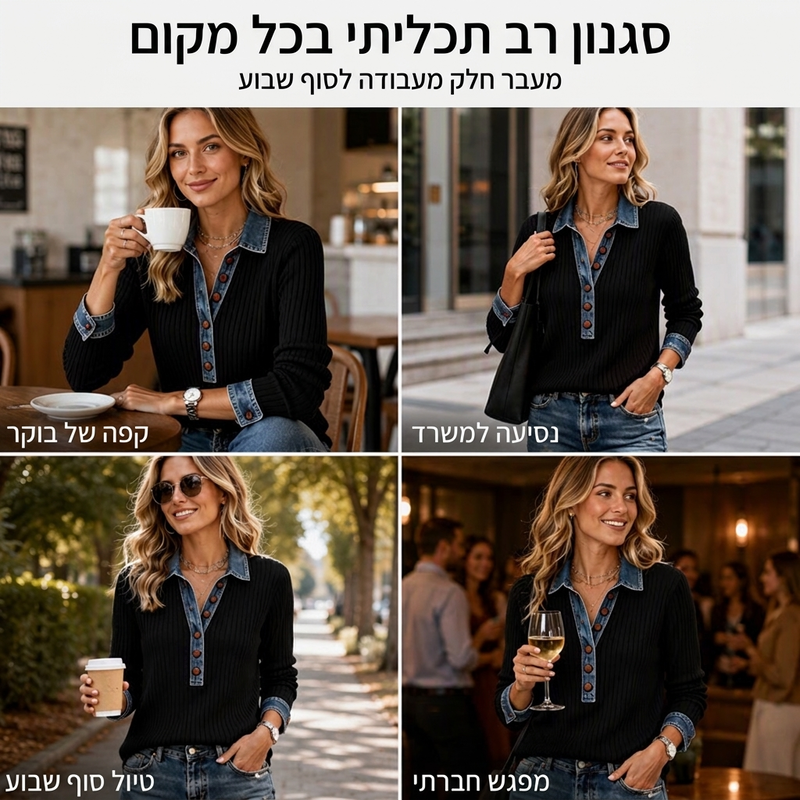 חולצת סוודר ארוכת שרוולים עם צווארון דנים לתפרית נשים