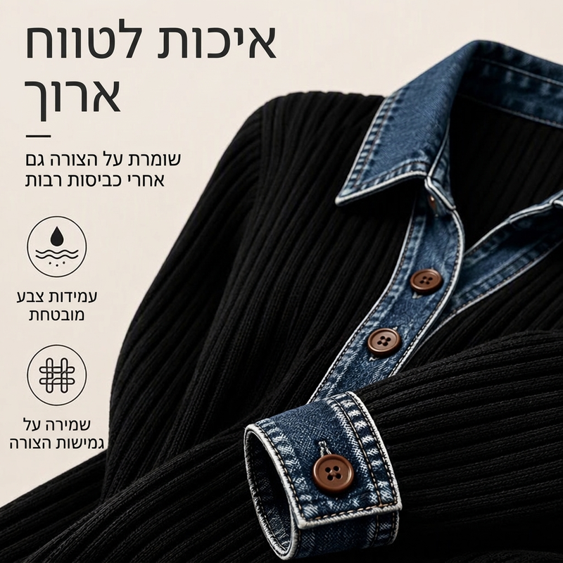 חולצת סוודר ארוכת שרוולים עם צווארון דנים לתפרית נשים