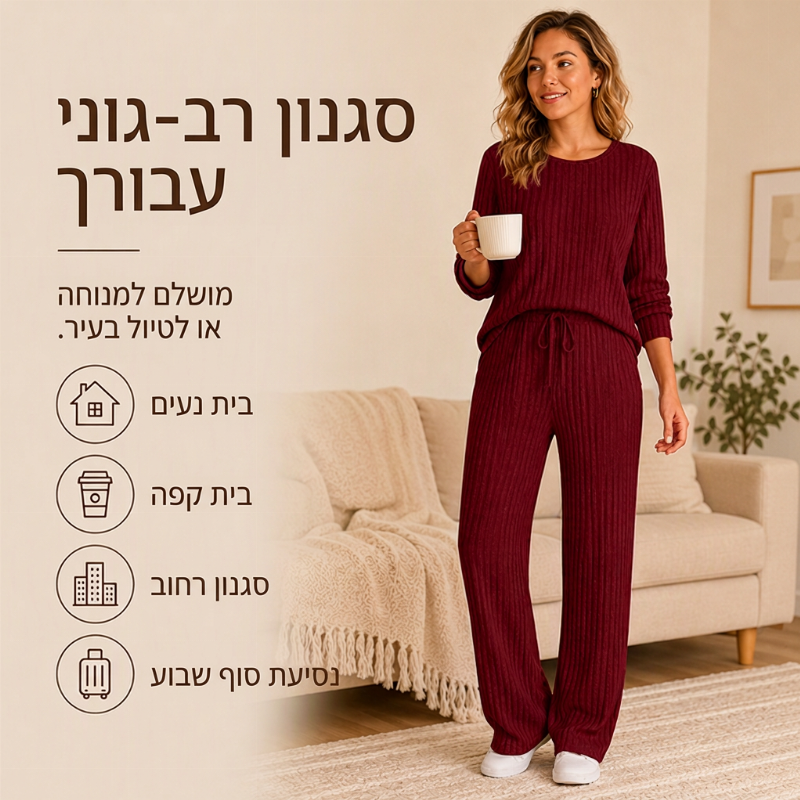 סט חולצת סרוגה מצולבת ונשים ומכנסיים ישרים