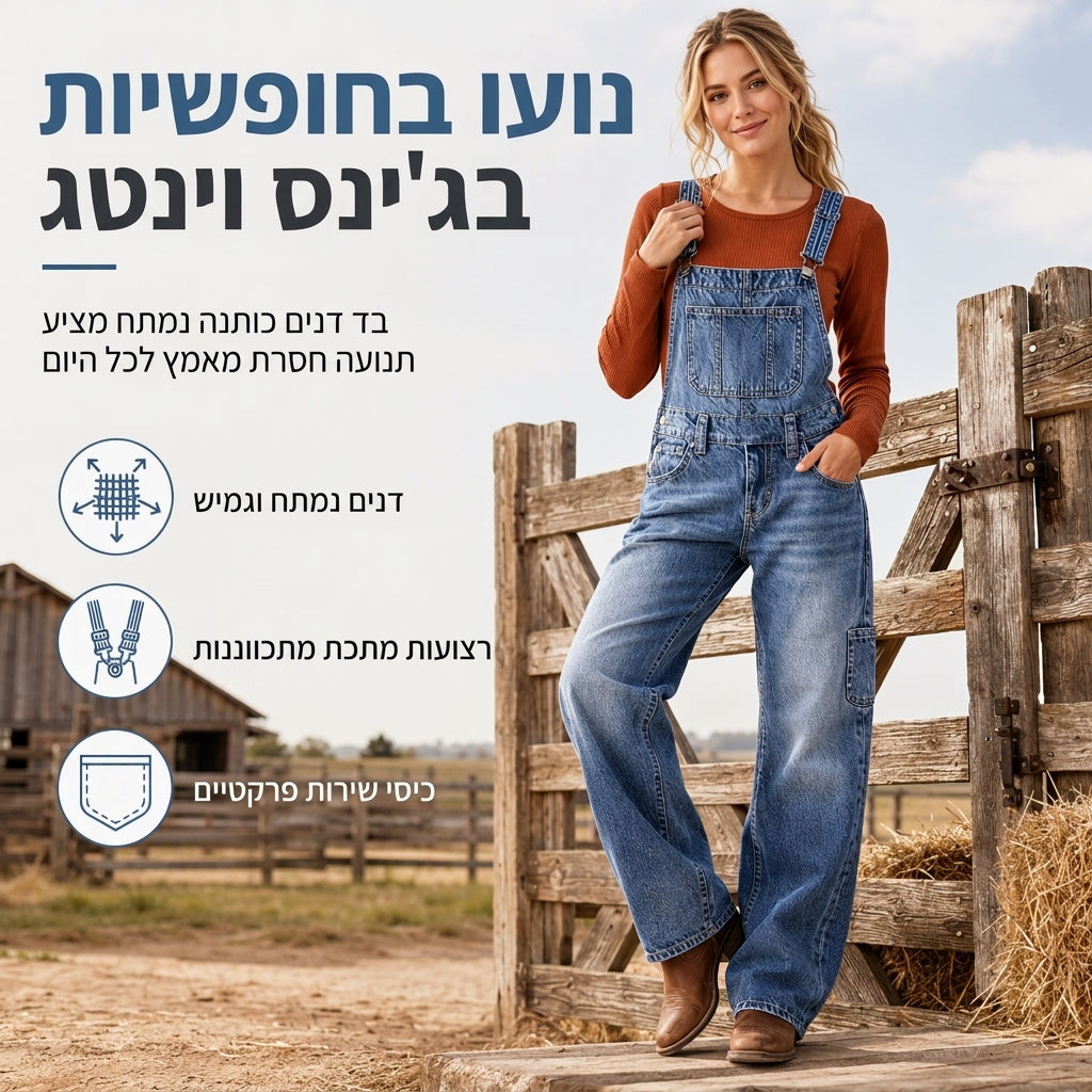סרבל דנני אלסטי לנערות עם רגל רחבה ורצועות מתכווננות