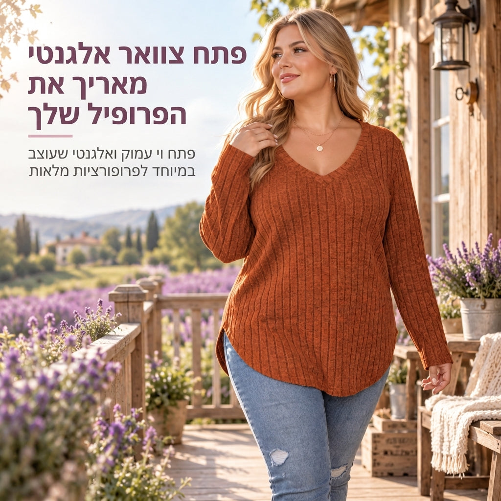 ☁️ חולצת טי מגולפת ומברשת לנשים במידות גדולות – חומר פרימיום, נושמת ונעימה תמיד – פריט חוצה לארון הבגדים שלך – עכשיו 50% הנחה!