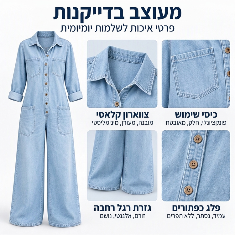 סרבל ג'ינס נשים עם צווארון בסגנון וינטג'