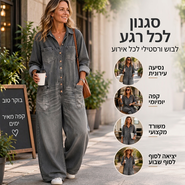 סרבל ג'ינס נשים עם צווארון בסגנון וינטג'