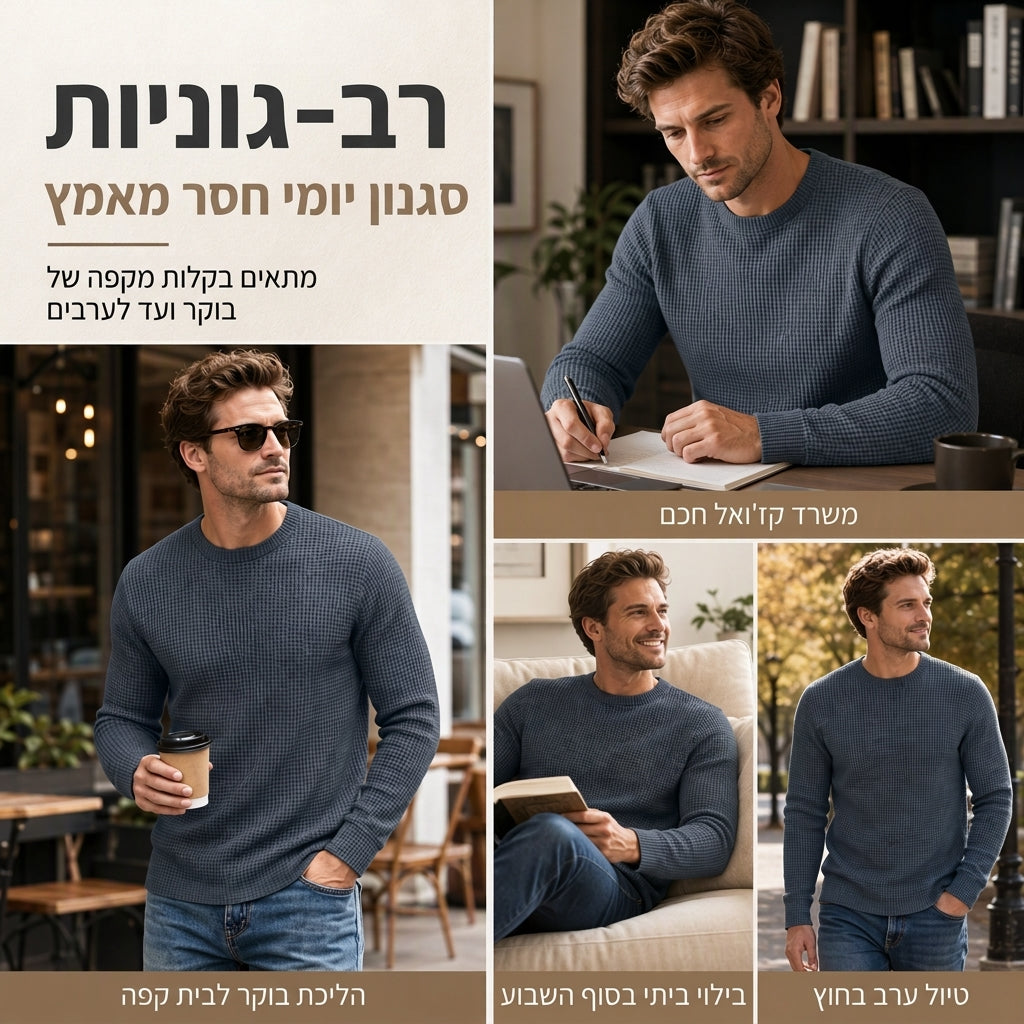 סווטשירט קז'ואע לגברים, דגם מצומצם, צוואר עגול ושרוולים ארוכים