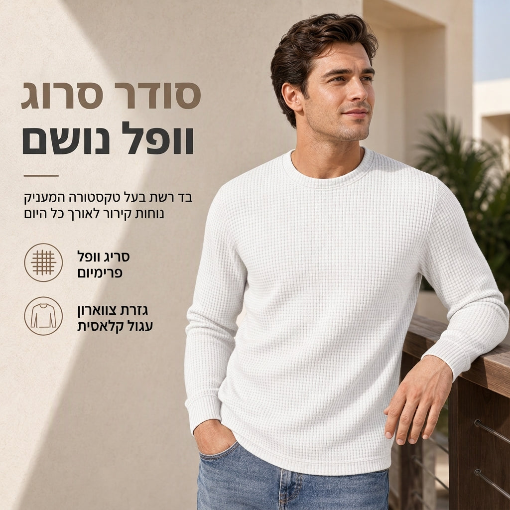 סווטשירט קז'ואע לגברים, דגם מצומצם, צוואר עגול ושרוולים ארוכים