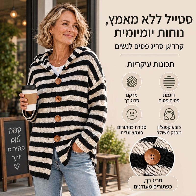 קרדיגן סרוג עם ברדס לפסים לנשים