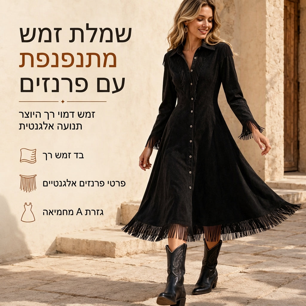שמלת נשים וינטג' עם שרוולים ארוצים ושוליים