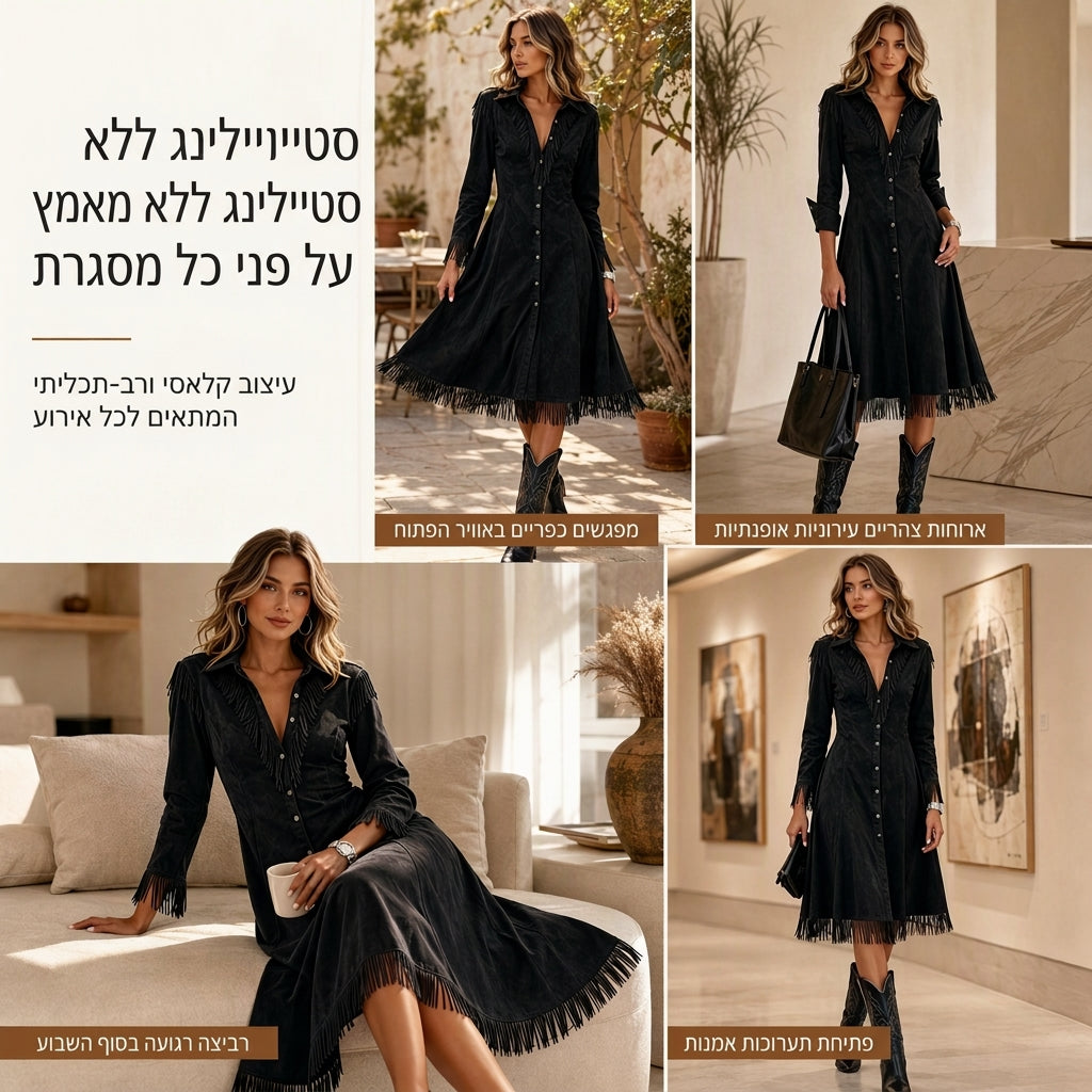 שמלת נשים וינטג' עם שרוולים ארוצים ושוליים